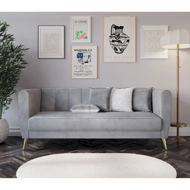 Velvet Flared Arm 3-Seater Sofa with 4 Throw Pillows – Modern Living Room