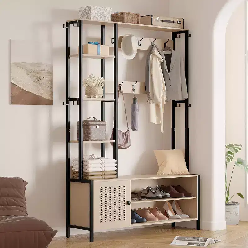 VECELO Hall Tree with Bench and Shoe Storage, 5-in-1 Entryway Coat Rack with 9 Hooks, 2-Tier Storage Shelves and Rattan Doors, Beige