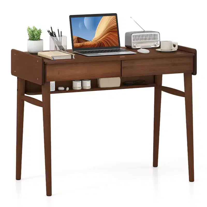 Costway Bamboo Writing Desk 39.5 Computer Study Desk with 2 Storage Drawers & Open Shelf