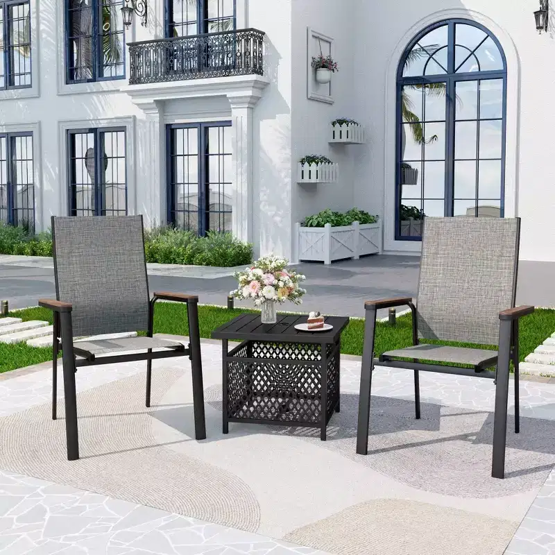 3pc Patio Dining Set with Small Square Table with Umbrella Hole & Lightweight Sling Chairs - Captiva Designs: Outdoor Furniture for Balcony
