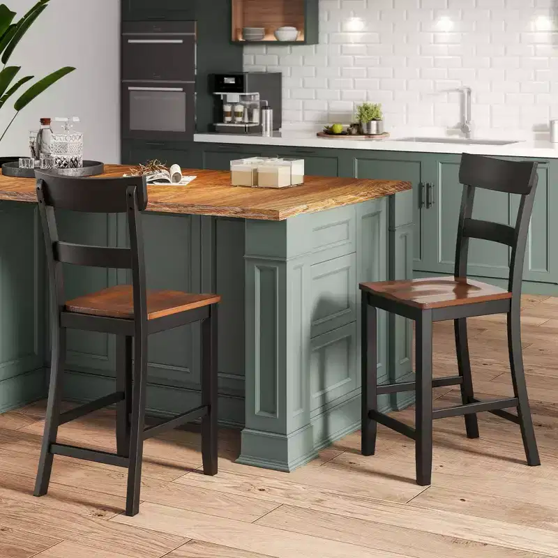 Costway Wooden Bar Stool Set of 2 Bar Chairs with LVL Rubber Wood Frame, Backrest, Footrest Black/White