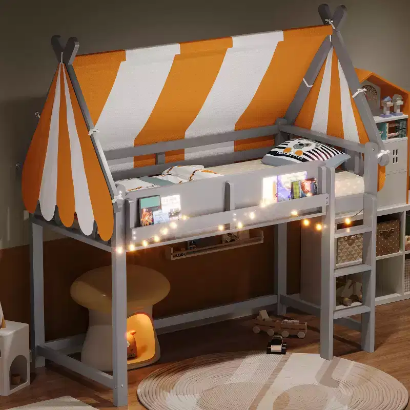 GDF Studio Beasley Loft Bed with Canopy, LED Lights & Book Shelf