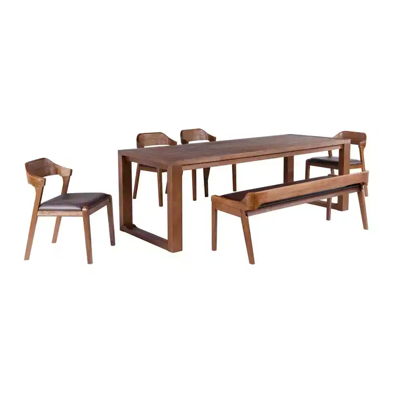 6pc Rasmus Extendable Dining Table Set Chestnut - Boraam: Acacia Wood, Faux Leather Chairs, Bench Included