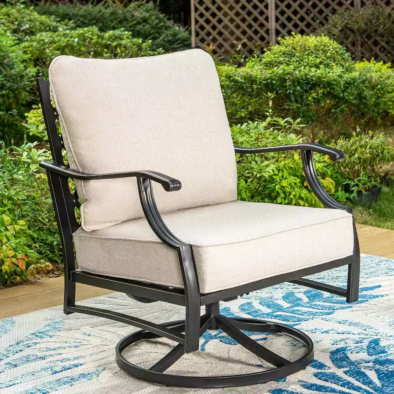 Captiva Designs 5pc XL Metal Outdoor Set Swivel Grid- Back Chairs with Fire Pit Beige