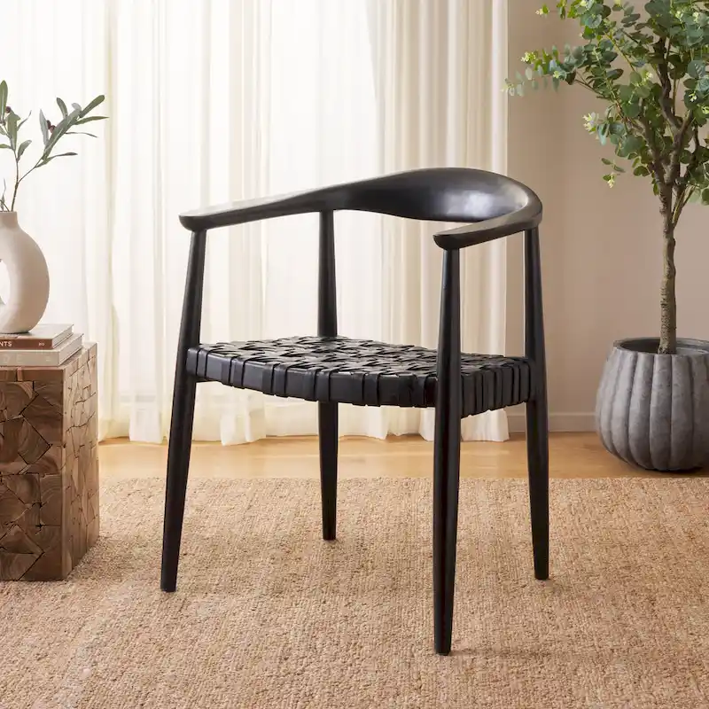SAFAVIEH Birtie Woven Leather & Solid Wood Accent Chair (Fully Assembled) - W25 x D22 x H22 - 25Wx22Dx22H
