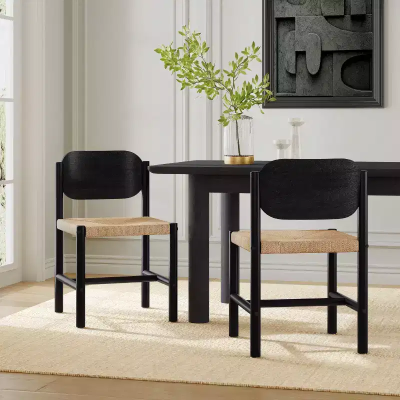 Mid-Century Modern Acacia Wood Dining Chairs with Paper Rope Weave