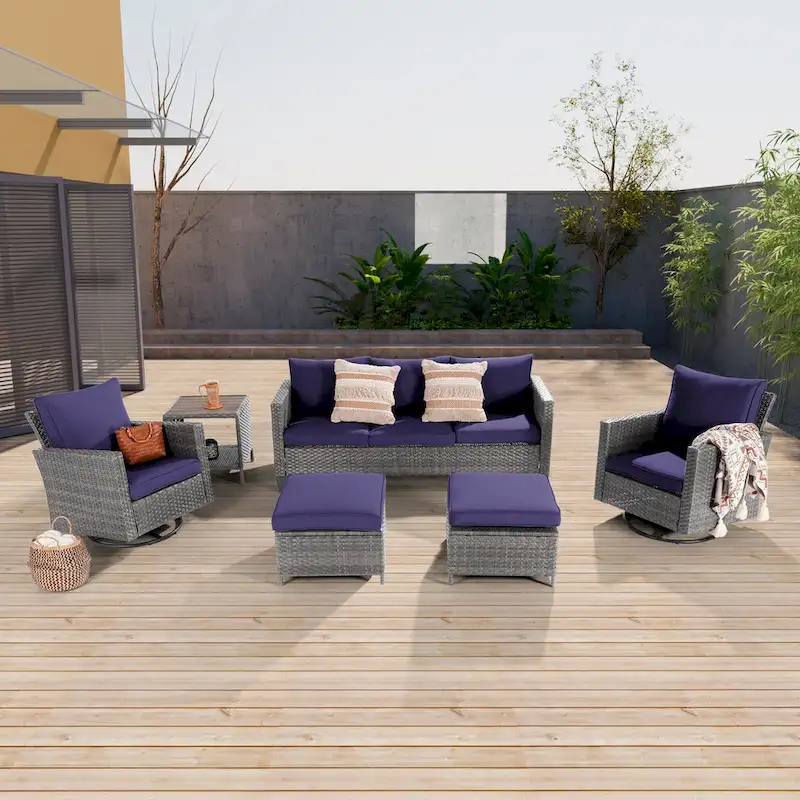 LIVOOSUN Patio 6Pcs Furniture Conversation Gray Rattan Swivel Rocking Sofa Set