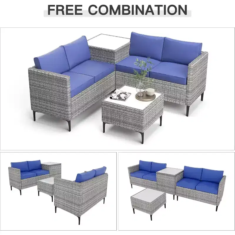 4 Pieces Patio Sectional Furniture PE Rattan loveseat Sofa Set, Wicker Outdoor Conversation Couch Sets with Coffee Table & Storage