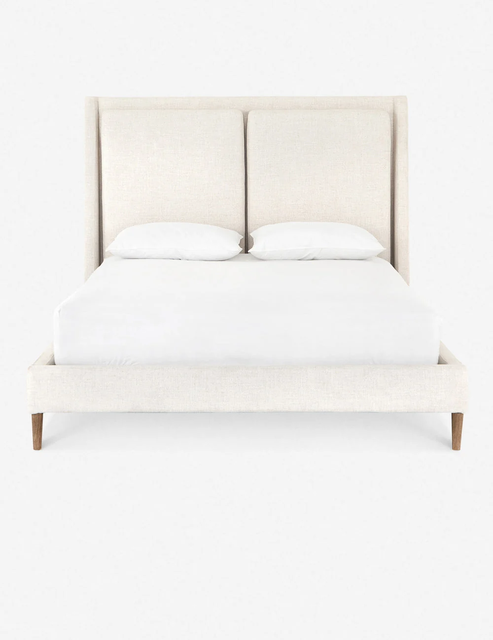 Platform Bed - Upholstered in a soft linen blend, this bed frame features a winged design with a cushion-back headboard in a remarkably balanced