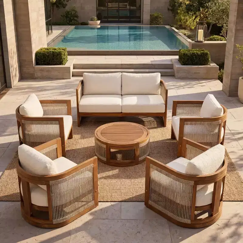 Christopher Knight Home Crune 6 Piece Outdoor Acacia Wood Curved Tub Design Seating Set with Woven Rope