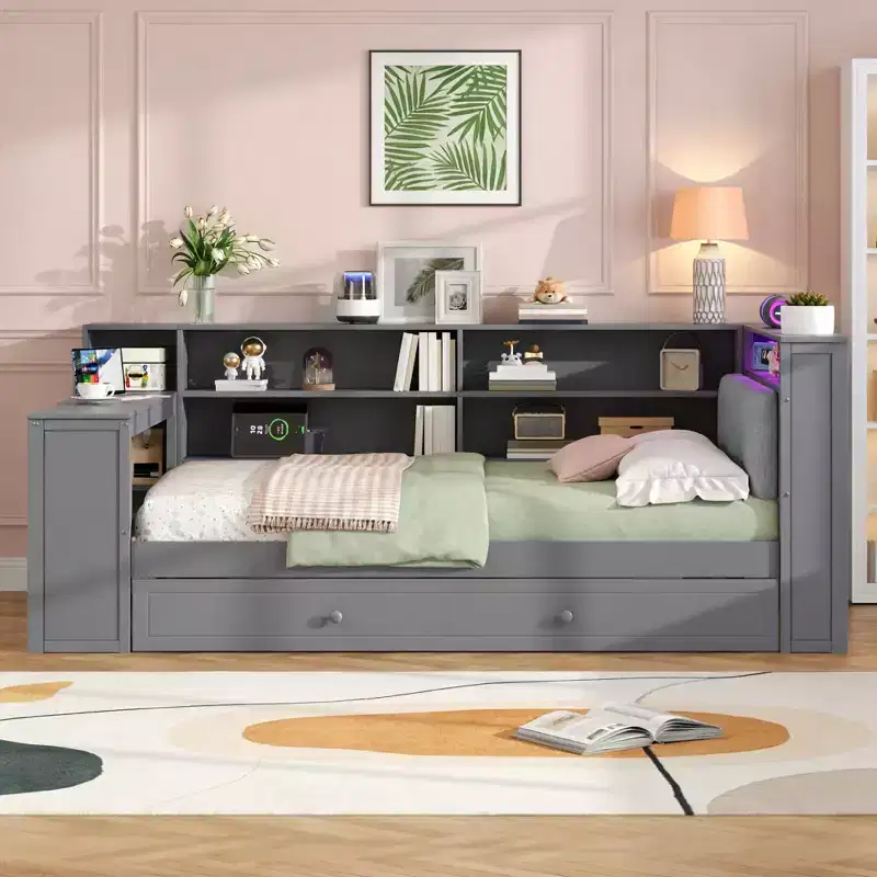 Luxystar Twin Size Wooden Platform Bed with Upholstered Headboard, 8 Storage Shelves, Trundle and Desk