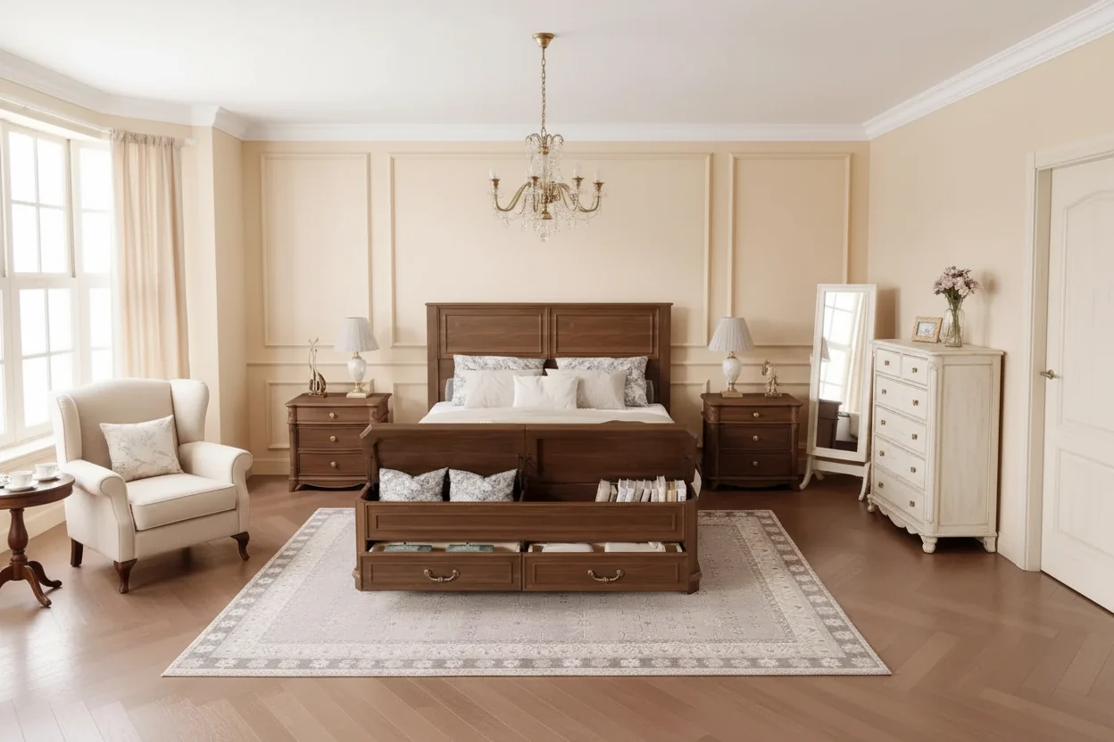 Farmhouse Pinewood Queen Bed with Storage Bench & 2 Large Drawers