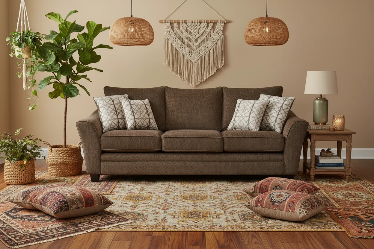 Made in Canada 100 Chenille Fabric Sofa with Flared Arms and Accent Pillows