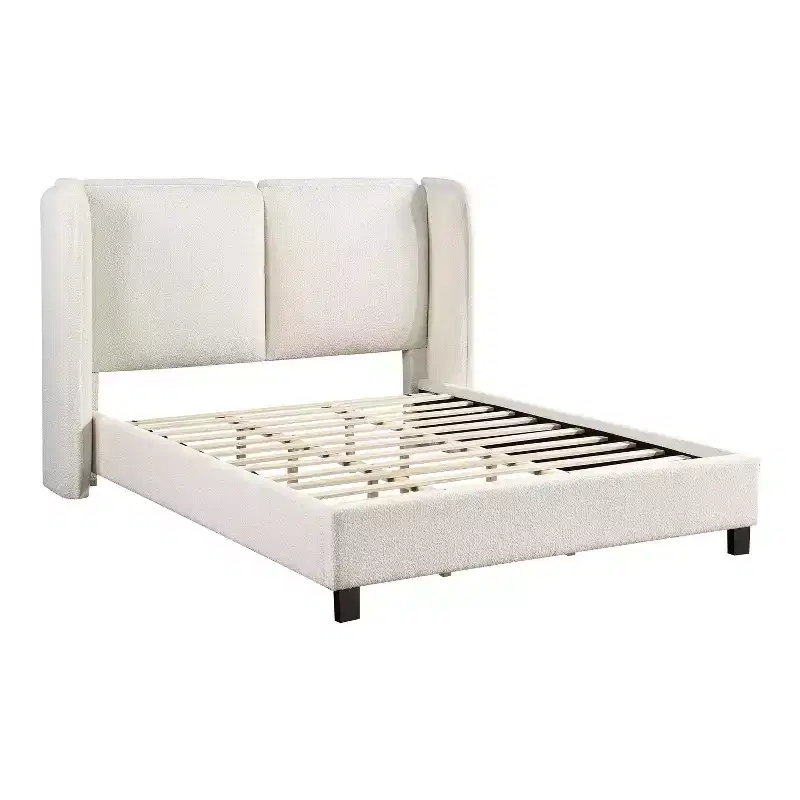 Queen Size Modern Boucle Upholstered Platform Bed with Wingback Headboard