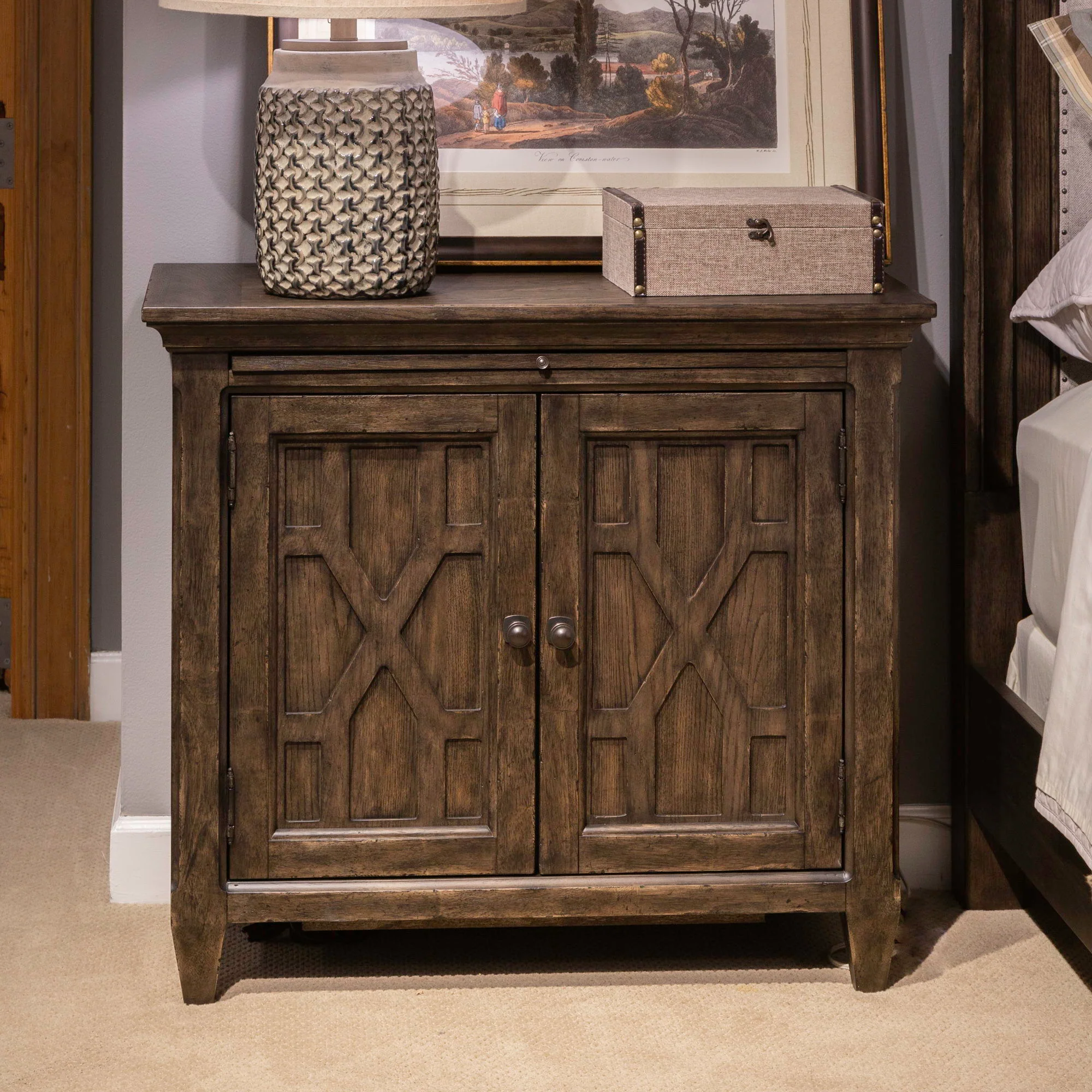 2 Door Bedside Chest With Charging Station - Saddle Brown — captures grand opulence with comfortable rustic styling