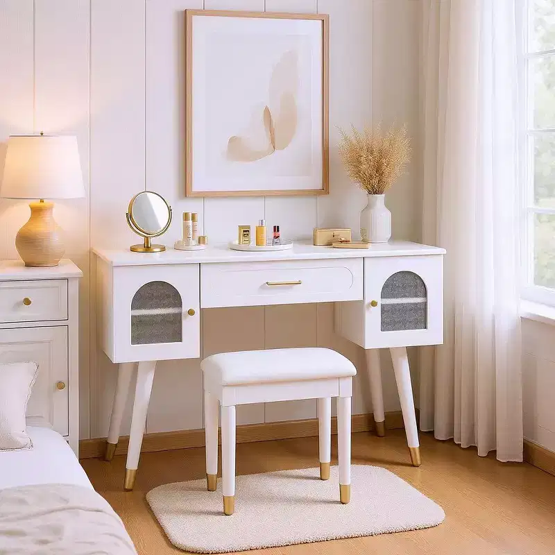 Homy Casa Vanity Table with Stool and Storage Cabinets for Bedroom or Dressing Room, White