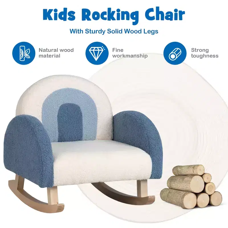 Kids Velvet Rocking Chair with Solid Wood Legs – Ergonomic, 110 lb Capacity, Blue/Red