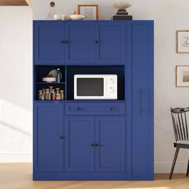Farmhouse Kitchen Pantry Cabinet with Hutch, Tall Kitchen Storage Cabinet with Pull-Out Side Cabinet, Freestanding Cupboard with Door Shelves
