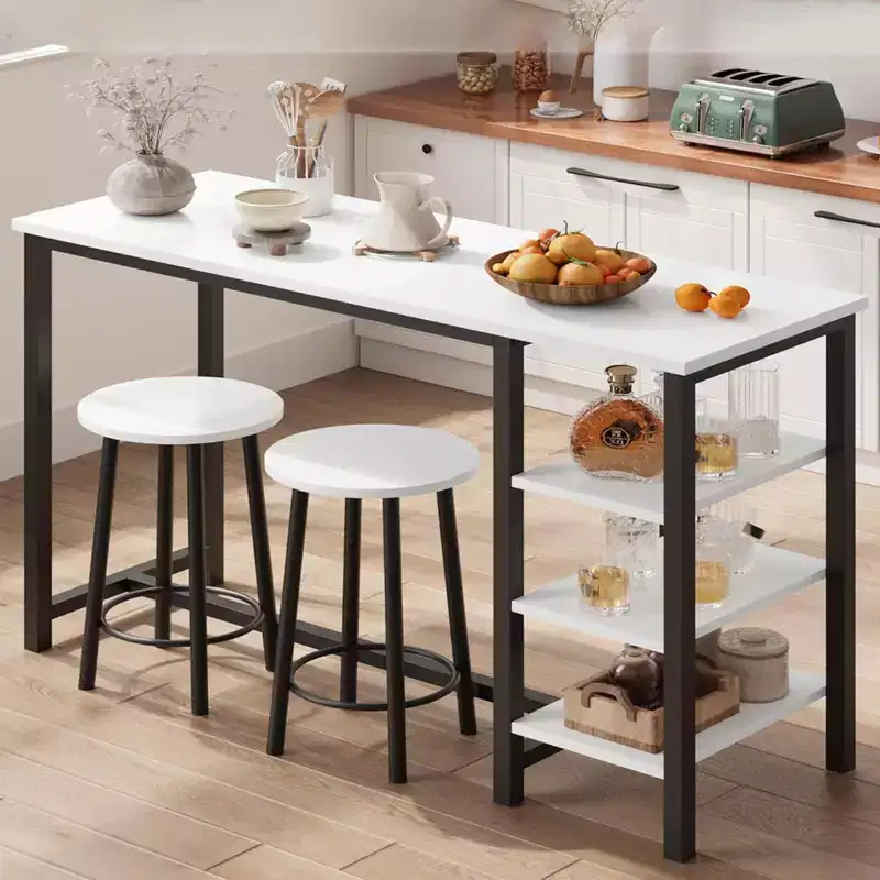 3 Piece Kitchen Table Set, 1 Dining Table & 2 Stools, Counter Height Dining Table with 3 Storage Shelves for Small Space, Apartment, Kitchen