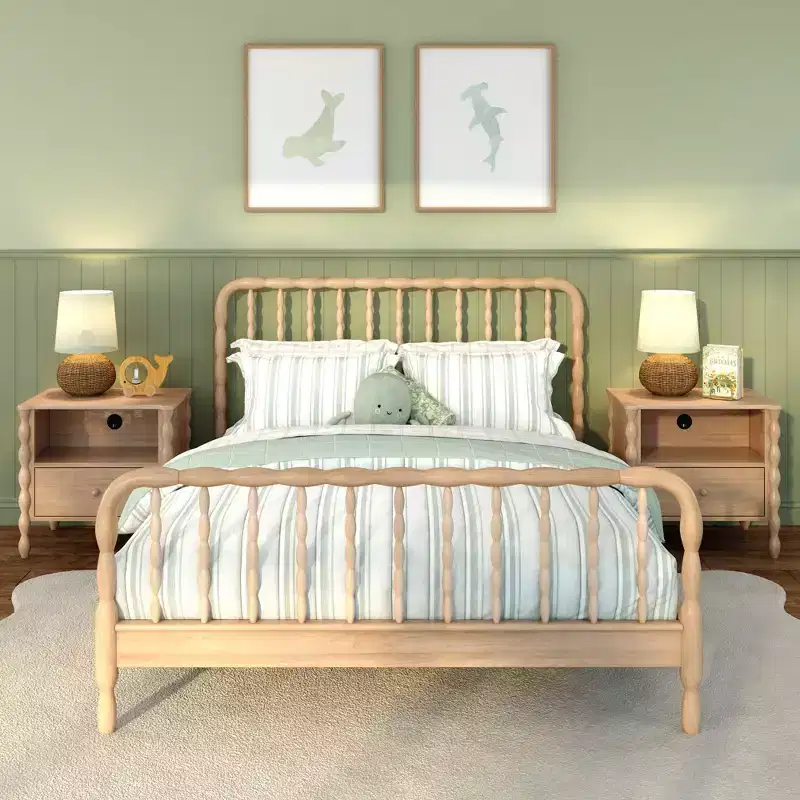 Spindle Queen Bed with Turned Wood Headboard, Solid Pine Wood, No Box Spring Needed