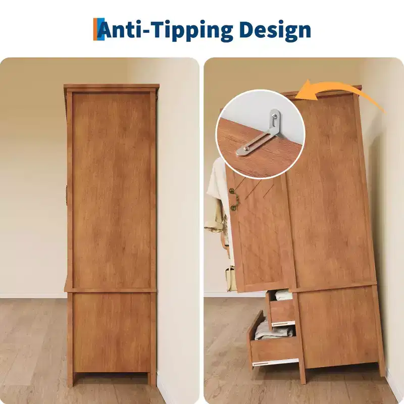 Wood Freestanding Armoire Wardrobe 71''H with 2 Doors & Hanging Rod