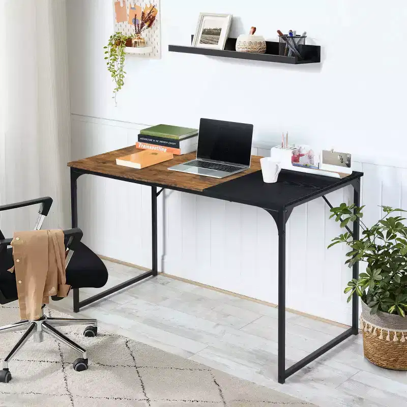 47.2 Home Office Table Simple Computer Desk Laptop PC Writing Sturdy Metal Frames for Study Room, Brown & Black