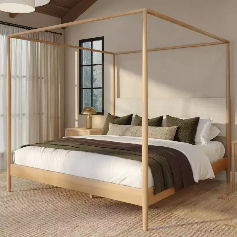 King Canopy Bed with Upholstered Headboard and Wood Slat System