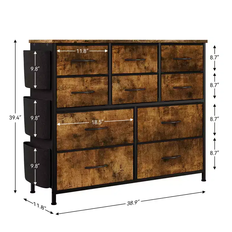 10-Drawer Fabric Dresser & Media Console - Storage Tower with Steel Frame, Wood Top for Bedroom, Living Room, Entryway