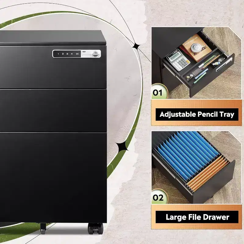 3-Drawer Cabinet with Smart Lock, Pre-Assembled Steel Desk