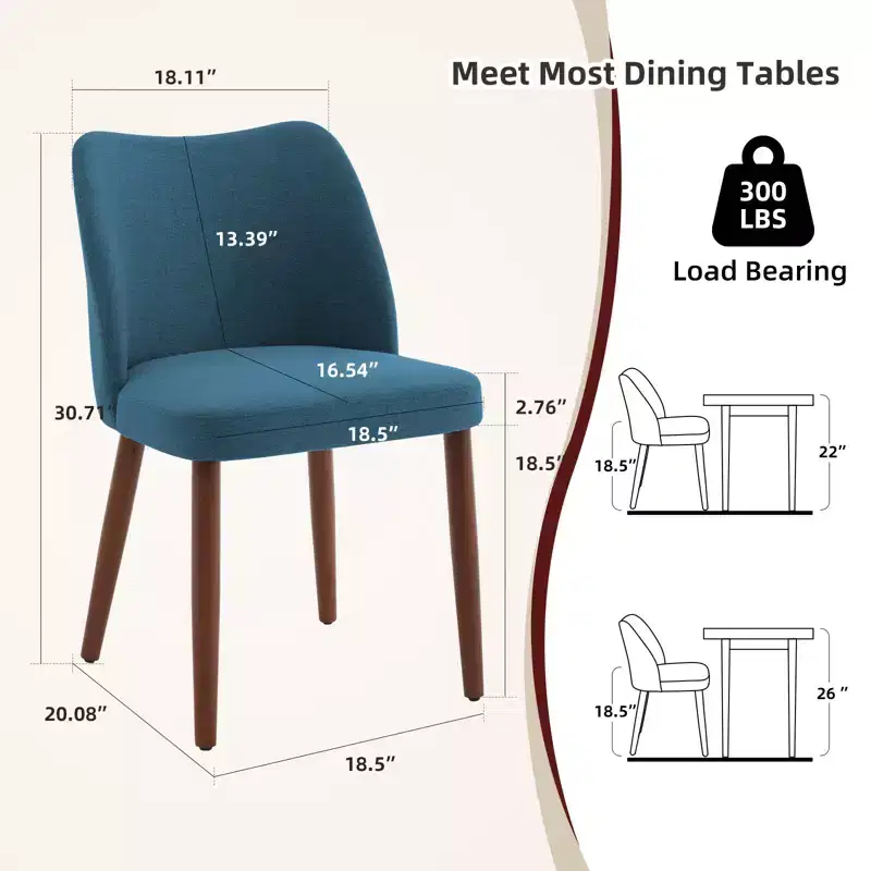 Linen Dining Chairs Set of 2, Upholstered Fabric Side Chairs with Wing Backrest, Thick Cushions & Wood Legs for Dining Room, Living Room