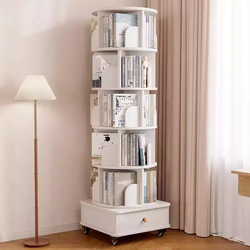MAYEERTY 360 Display Corner Bookshelf for Small Space 6 Tier Bookcase Storage Rack with Wheels for Living Room Bedroom White