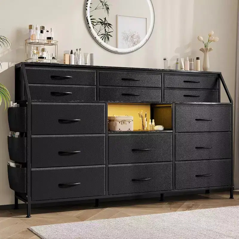 55 14-Drawer Dresser with Side Pocket & Shelves, Fabric Storage Chest with Sturdy Wood Top for Bedroom Organization