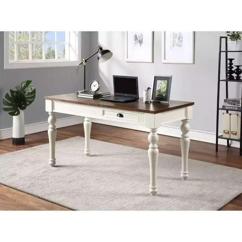 Lift Top Desk Ivory/Mocha, Farmhouse Style, Adjustable Height with Drawer