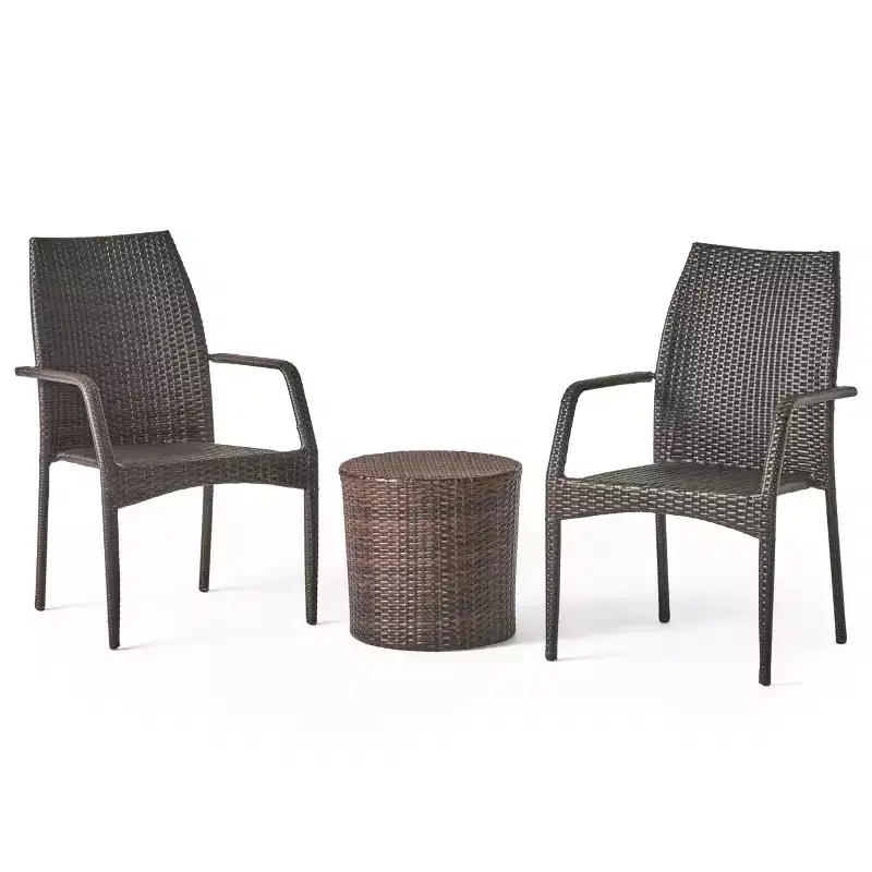 GDFStudio Blanca Outdoor Wicker 3 Piece Stacking Chair Chat Set, Multibrown