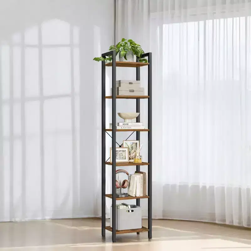 Tall 6-Tier Narrow Bookshelf with Steel Frame - Industrial Style, 11.8