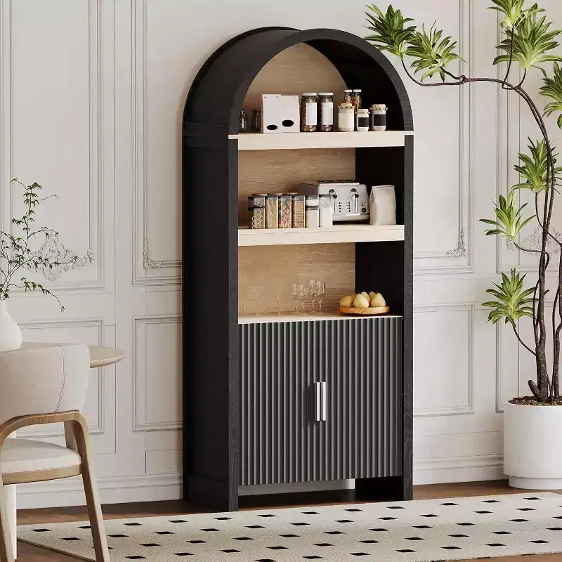 71-Inch Arched Bookcase with Cabinet Storage