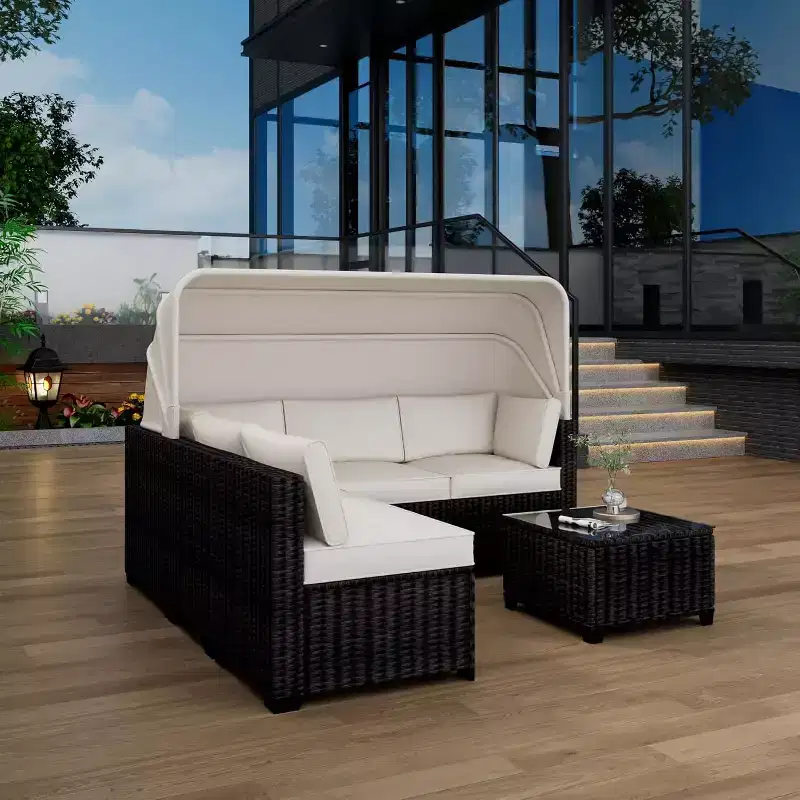 4 Pieces Patio Sectional Sofa Set, PE Rattan Daybed, Outdoor Wicker Sunbed Chaise Chair, Adjustable Backrest, for Poolside, Backyard