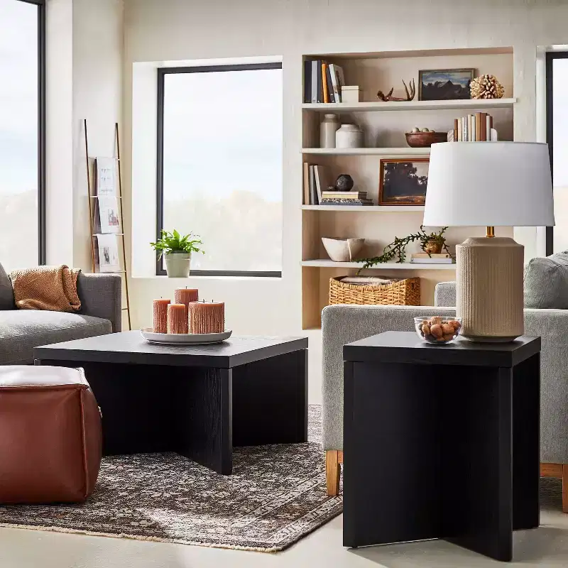 Square Wooden Coffee Table Black with Crisscross Leg Design