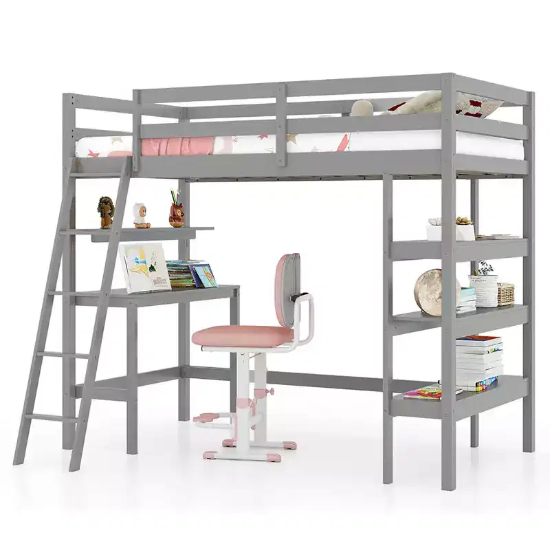 Twin Size Solid Wood Loft Bed w/ Desk & Bookshelves Ladder & Guardrails