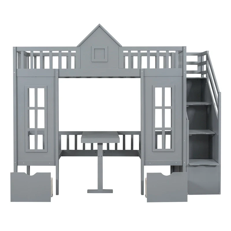Twin Over Twin Bunk Bed with Convertible Desk - Gray