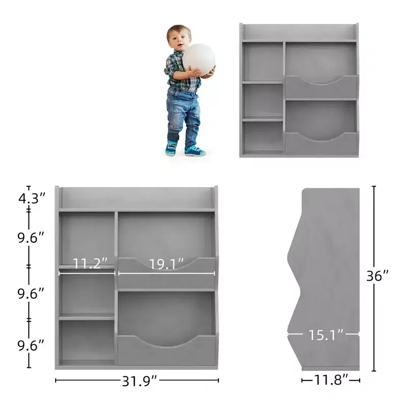 Kids Bookshelf, 36 Inch High Toy Storage Cabinet, 5 Cube Double-Sided Toy Storage Display Rack with Spacious Top Shelf for Kids Room, Bedroom