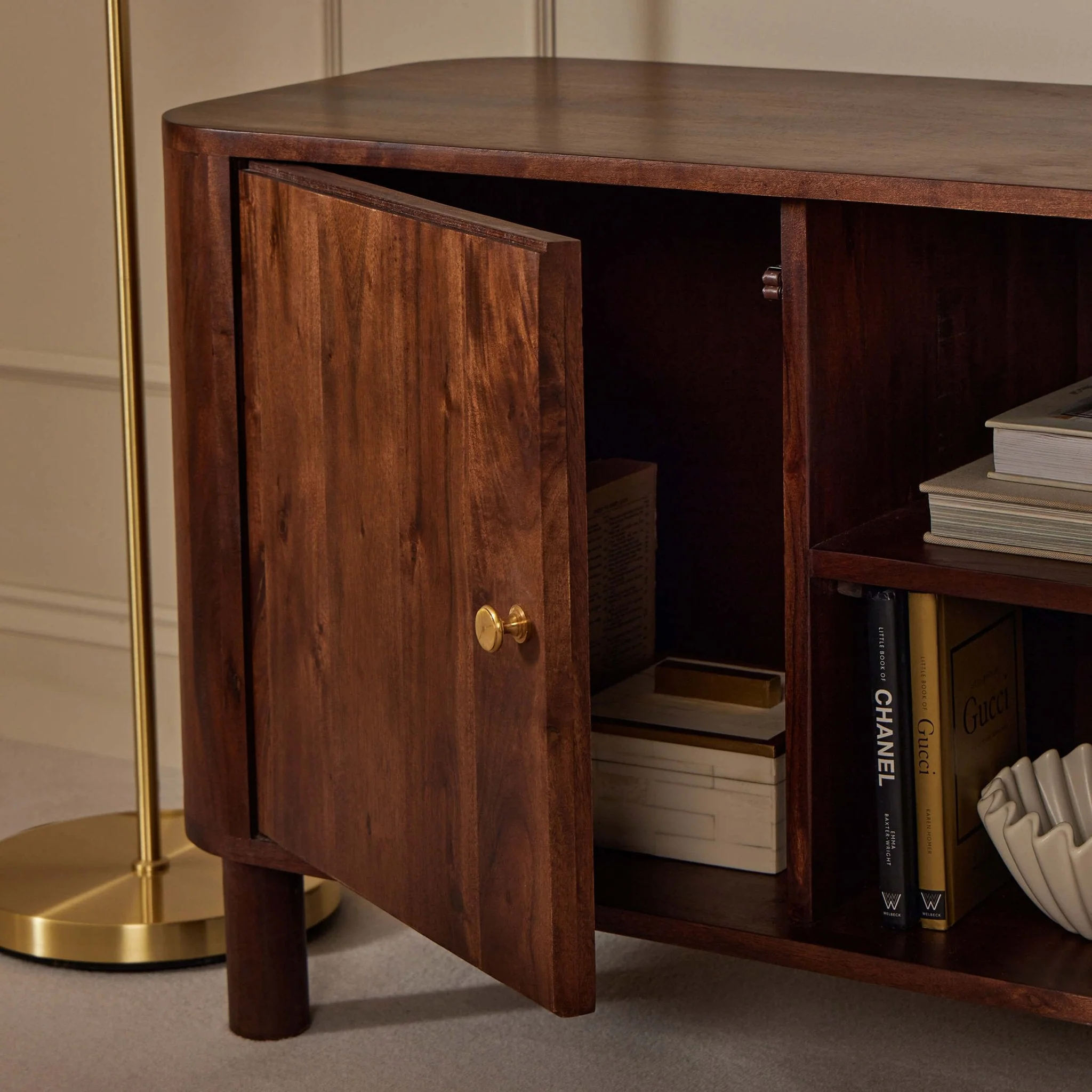 Organic Walnut Acacia Wood TV Unit with Open Shelving for TVs up to 50 Inch for Living Room