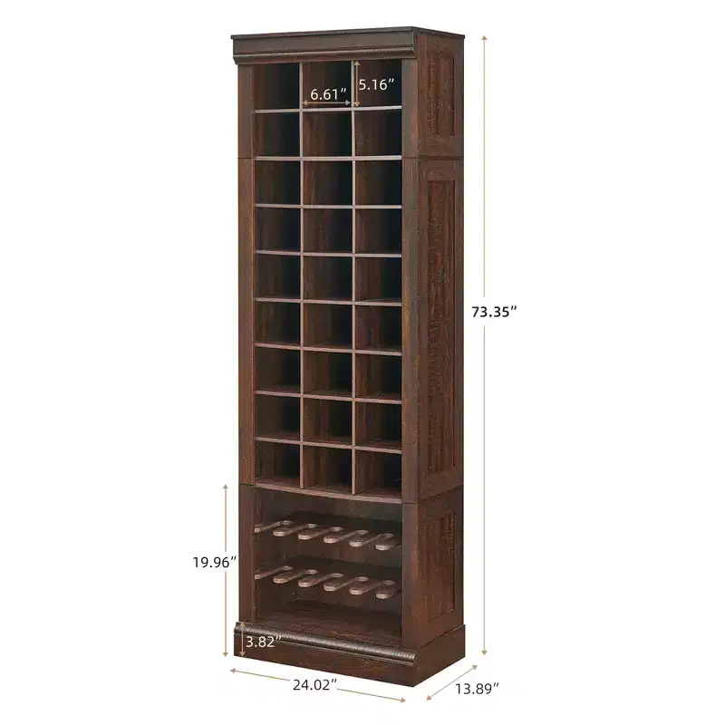 Tall 10-Tier Wooden Shoe Cabinet Organizer  27 Cubbies with Boots Racks  Freestanding Slim Rustic Entryway Storage for Hallway, 32 Pairs, Red Brown