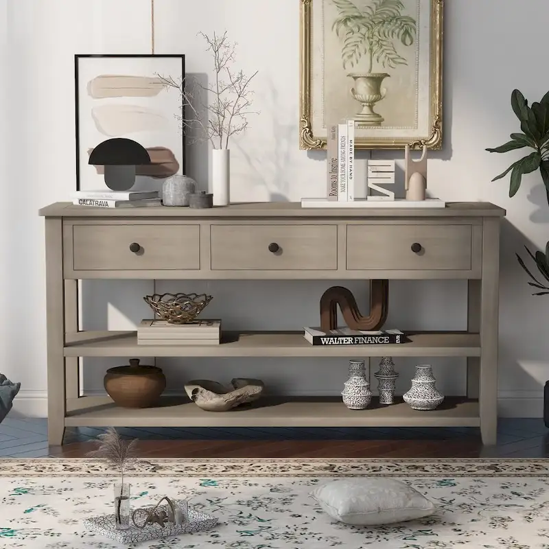 Retro Console Table Sofa Table with 2 Open Shelves and 3 Drawers, Pine Solid Wood Frame and Legs for Living Room, Entryway