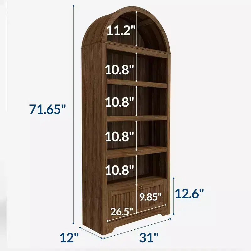 72 Arched Bookshelf with Storage Drawer, Modern 6-Tier Wood Display Cabinet, Open Shelves & Curved Door for Living Room & Kitchen