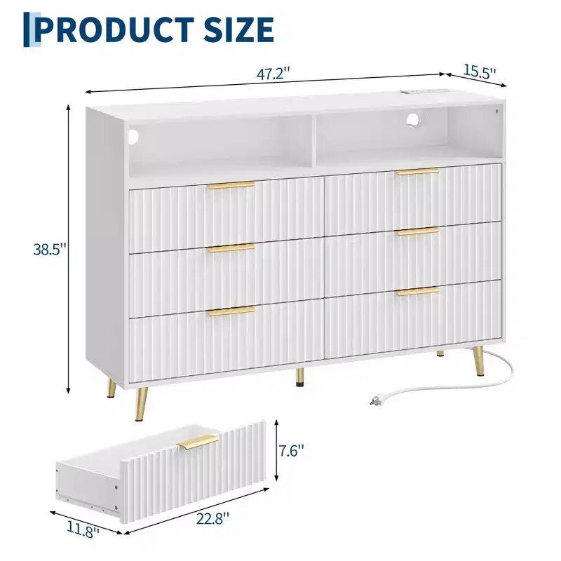 6 Drawers Dresser, 47.2 Wide Dressers with LED Lights and Charging Station, Curved Profile Design, Fluted Wood Drawers for Living Room, White