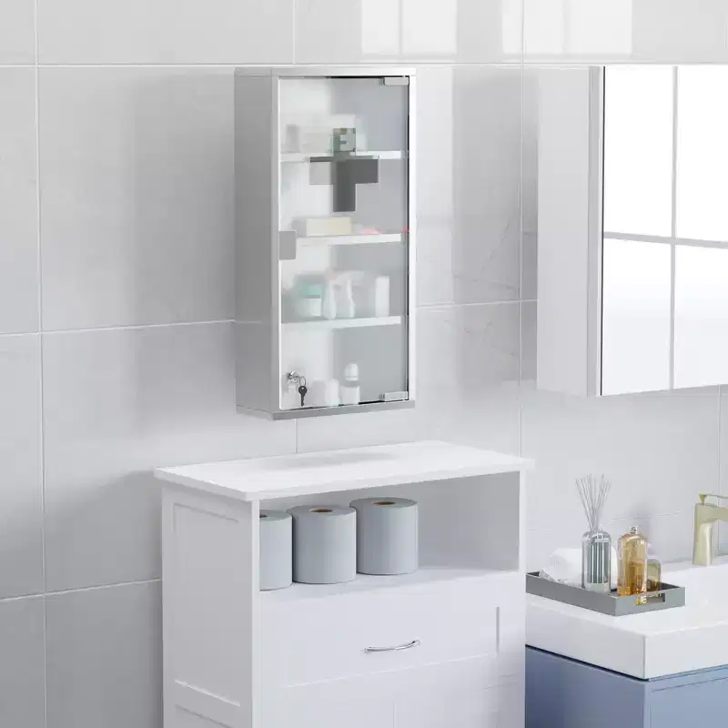 4-Tier Wall Cabinet with Lockable Glass Door & Stainless Steel Frame, Includes 2 Keys, Ideal for Home, Apartment, Bathroom