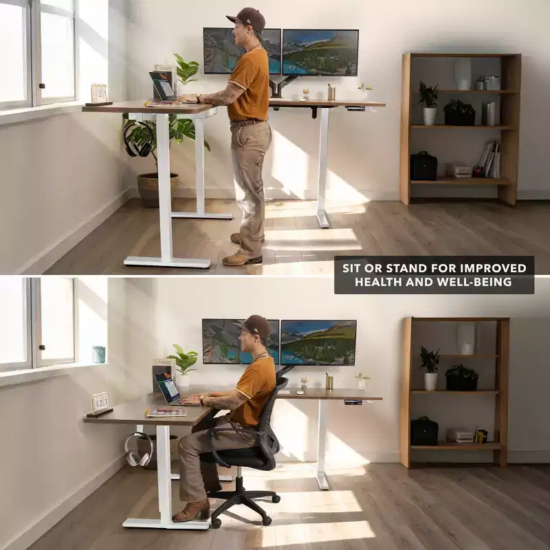 XL Electric Height Adjustable Corner Standing Desk, White Frame and Brown Tabletop