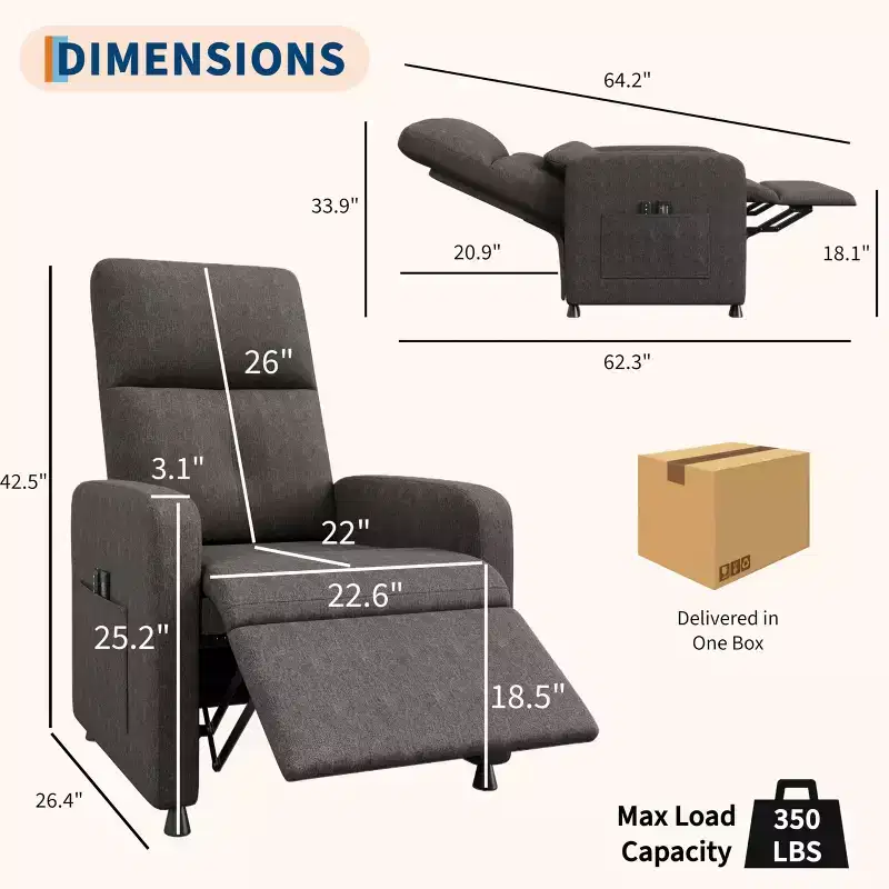Power Recliner Chair, Ergonomic Linen Single Sofa with Padded Seat & 2 Side Pockets, Adjustable Electric Recliner for Living Room, Bedroom