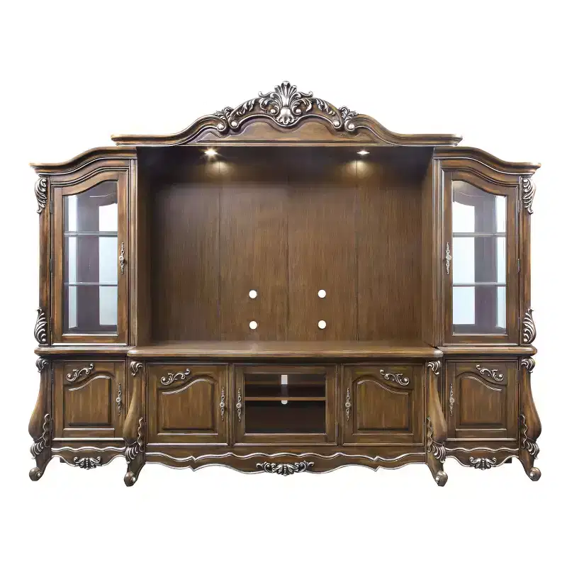 121" Latisha Tv Entertainment Centers Antique Oak - Acme Furniture: Wood Frame, Tempered Glass, Fixed Shelves